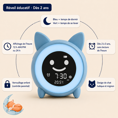 Réveil Éducatif Helvora LumiChat – Veilleuse Jour & Nuit pour Enfant