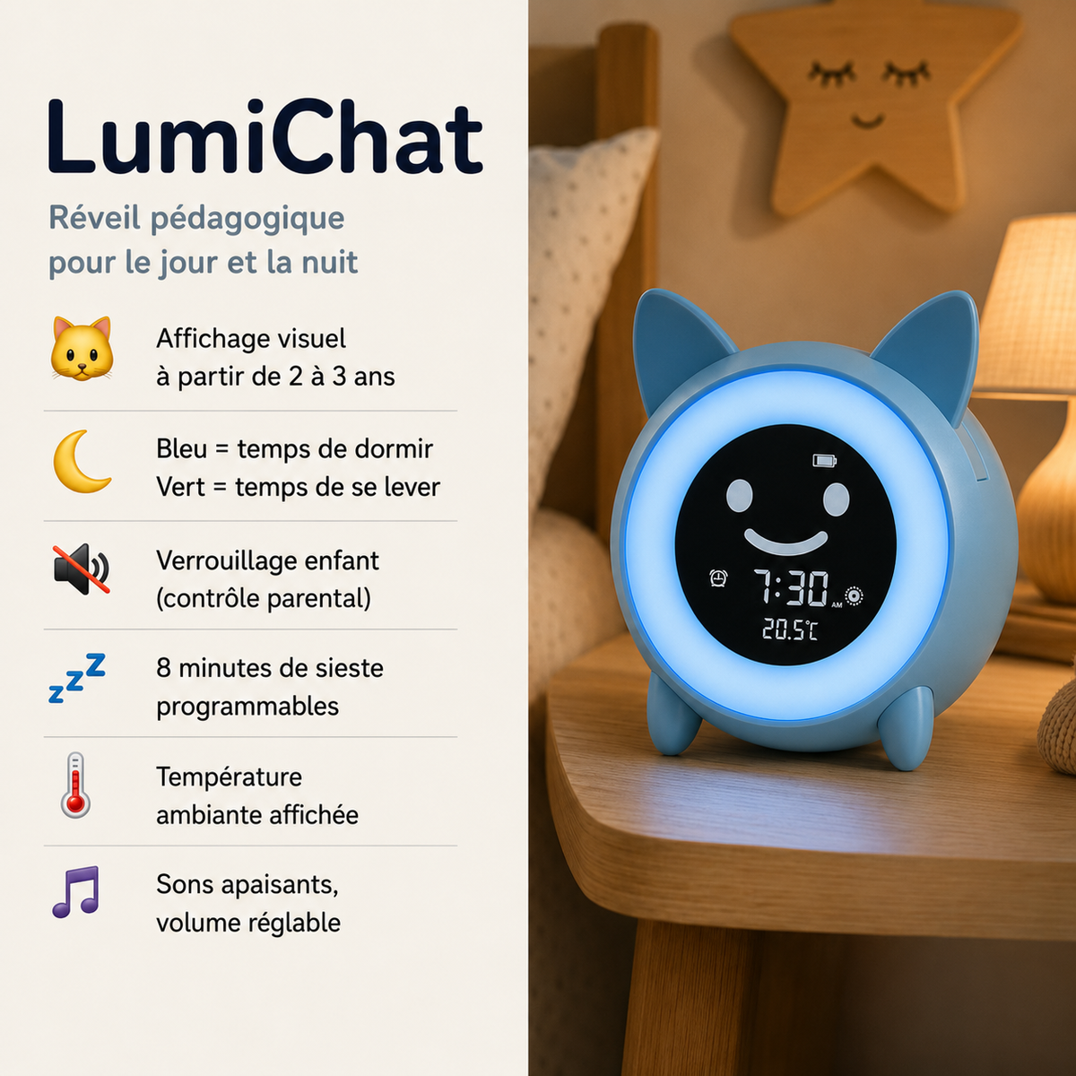 Réveil Éducatif Helvora LumiChat – Veilleuse Jour & Nuit pour Enfant