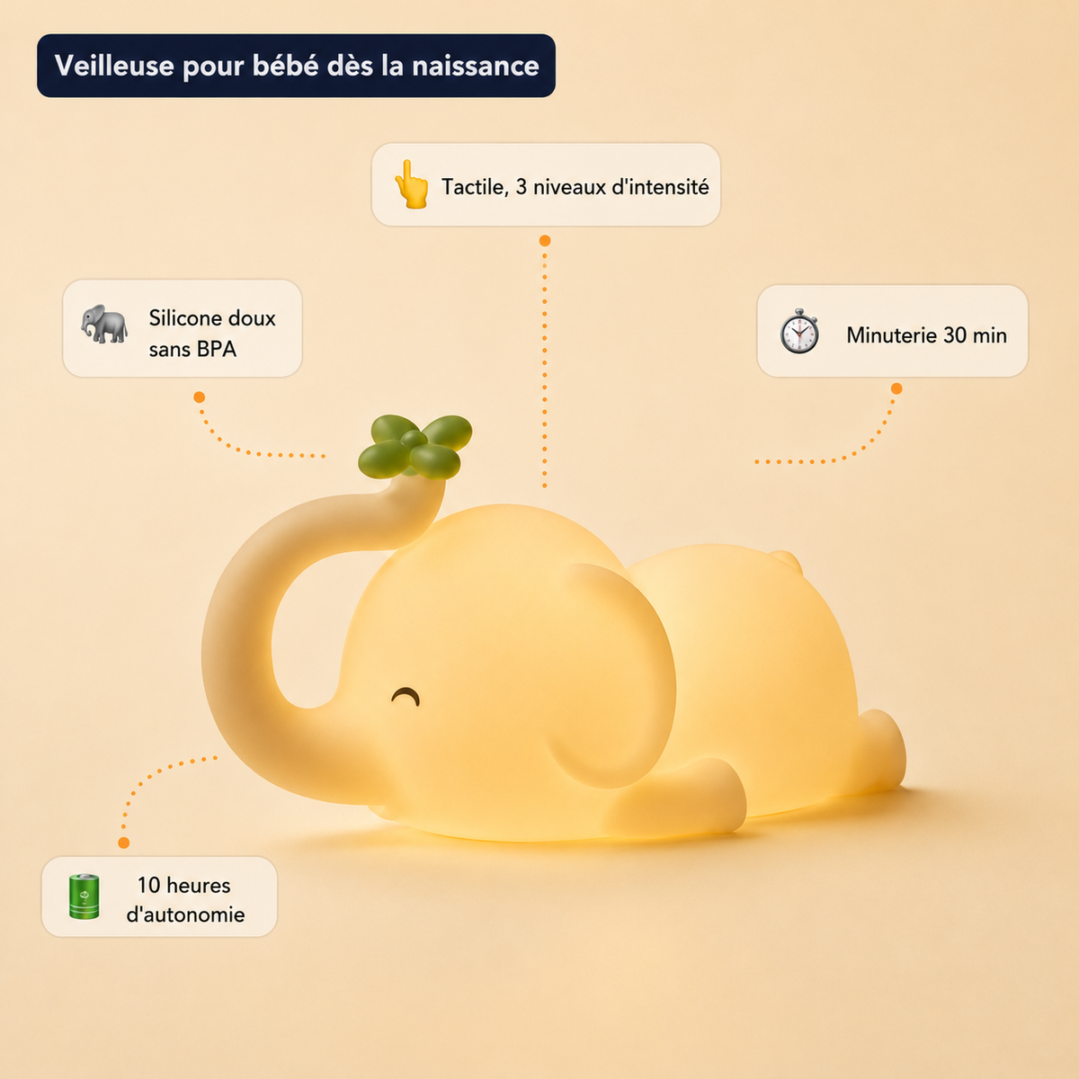 Veilleuse LED Helvora Éléphant – Silicone Rechargeable pour Bébé