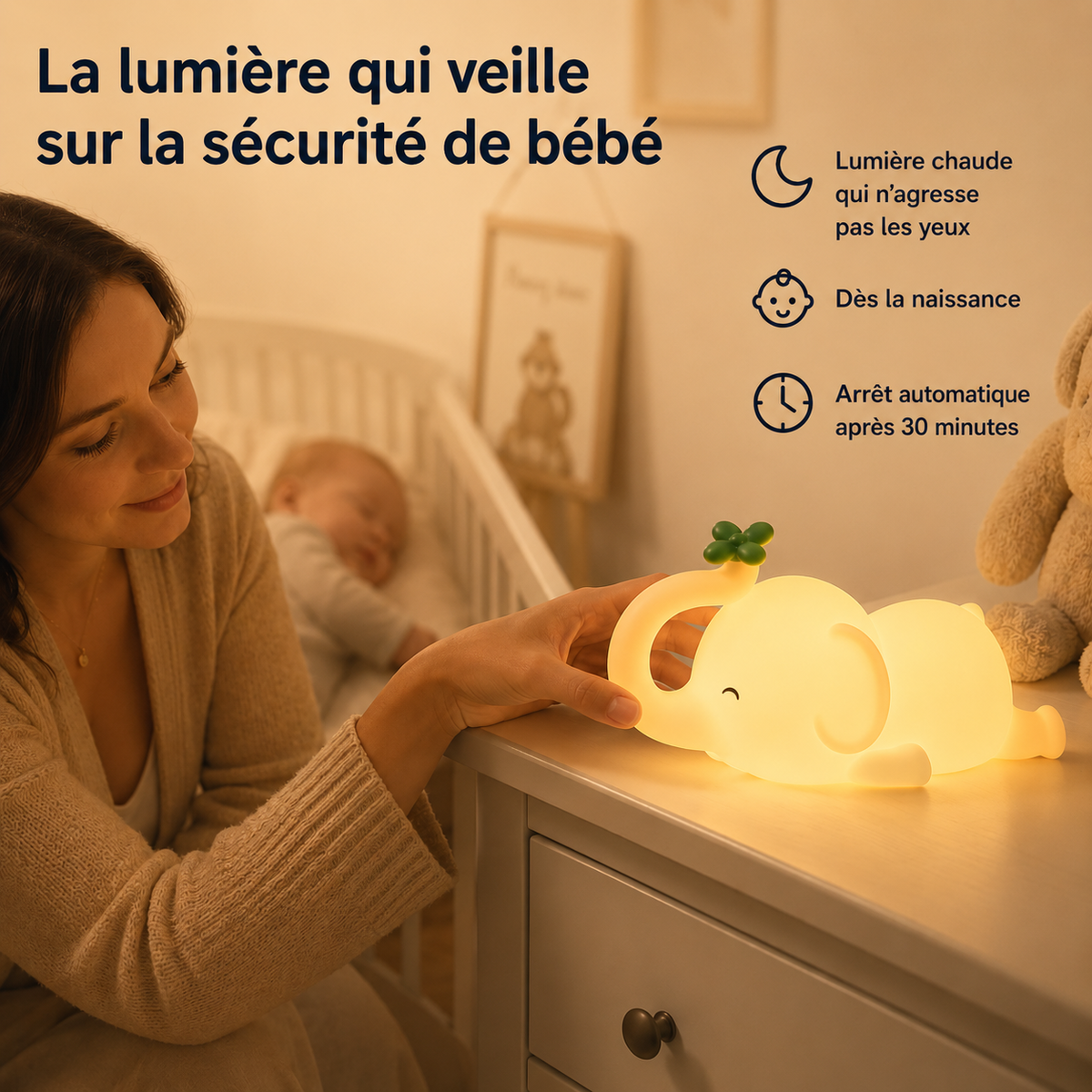 Veilleuse LED Helvora Éléphant – Silicone Rechargeable pour Bébé
