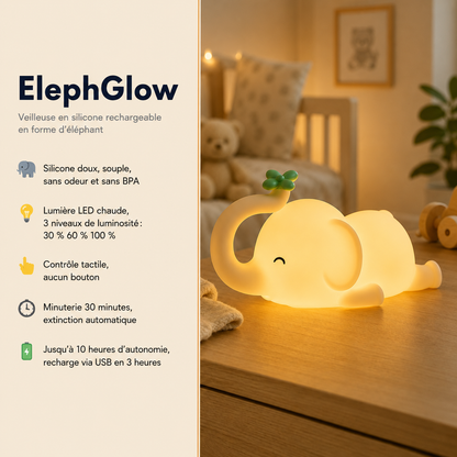 Veilleuse LED Helvora Éléphant – Silicone Rechargeable pour Bébé
