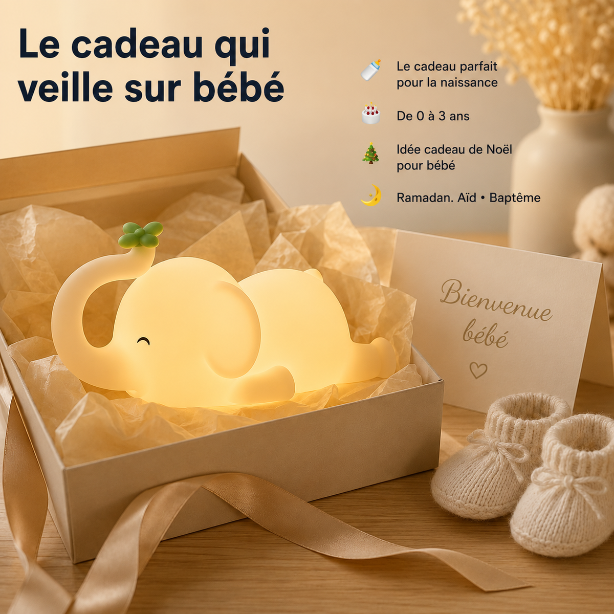 Veilleuse LED Helvora Éléphant – Silicone Rechargeable pour Bébé
