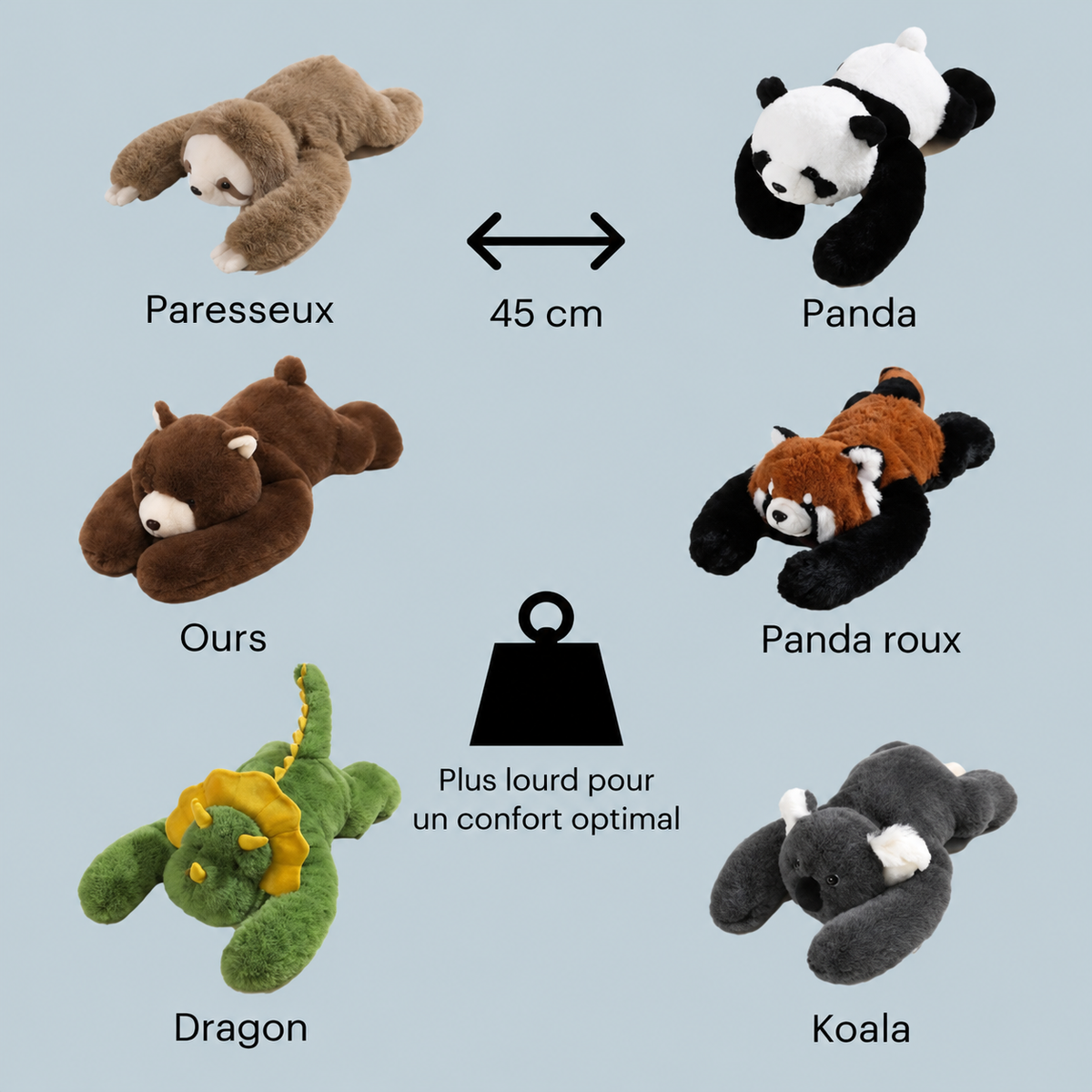 Plüschtier mit langen Armen, 45 cm, weiches Kunstfell, Faultier, Panda, Koala, Bär oder Drache