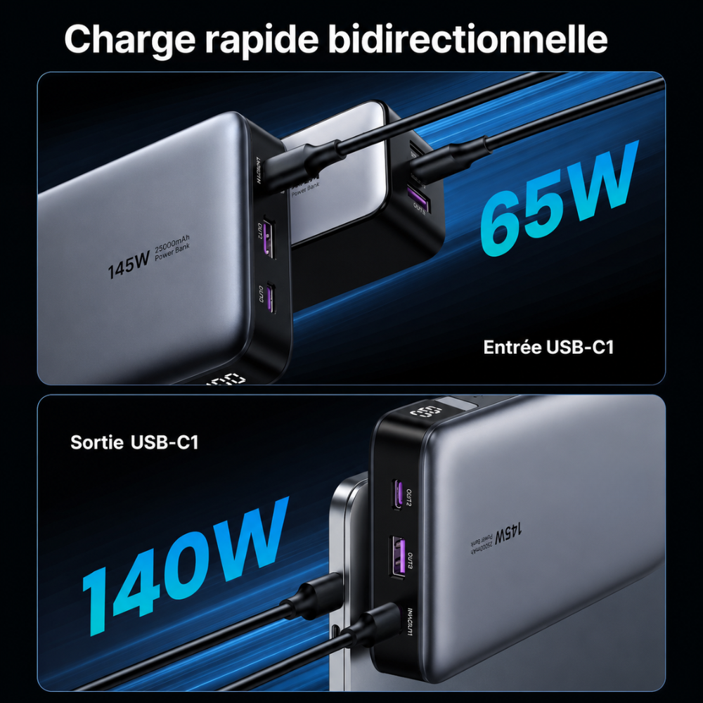 Batterie Externe Helvora™ 25 000 mAh – Charge Rapide 140W