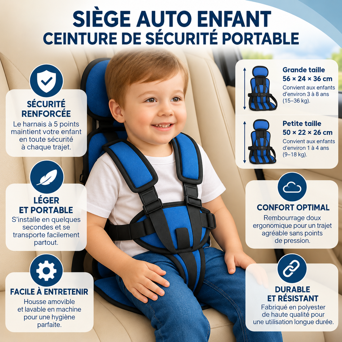 Tragbarer Kindersitz fürs Auto mit 5-Punkt-Gurt und Befestigung mit Sicherheitsgurt