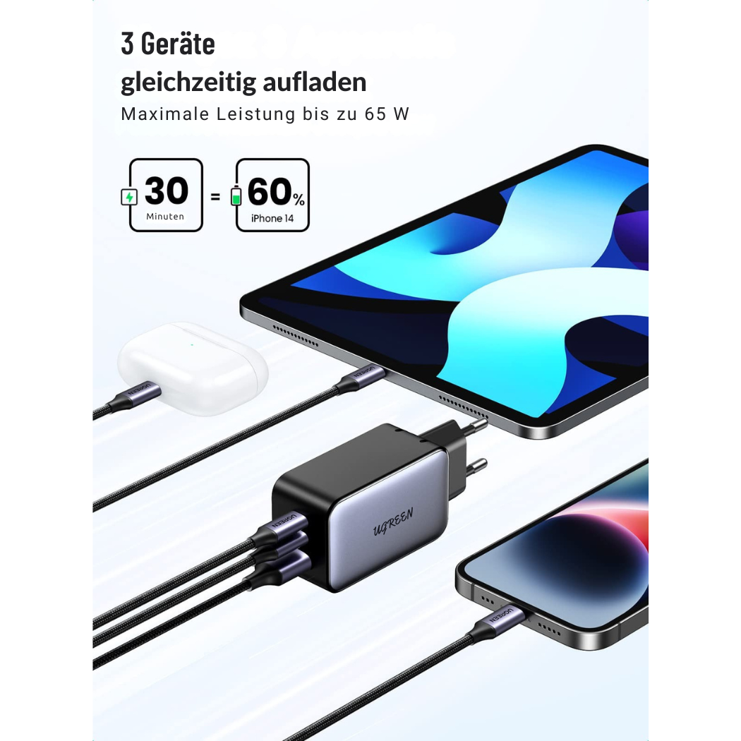 Chargeur USB-C Helvora™ 65W – Triple Port Charge Rapide