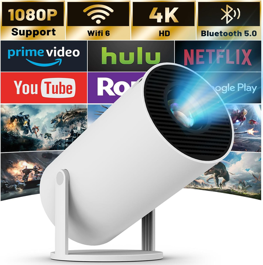 Mini projecteur XFY HY300 avec Wi-Fi 5G et Bluetooth, prise en charge 4K 1080P, projecteur portable 180° ° Projecteur rotatif à correction automatique de la distorsion trapézoïdale