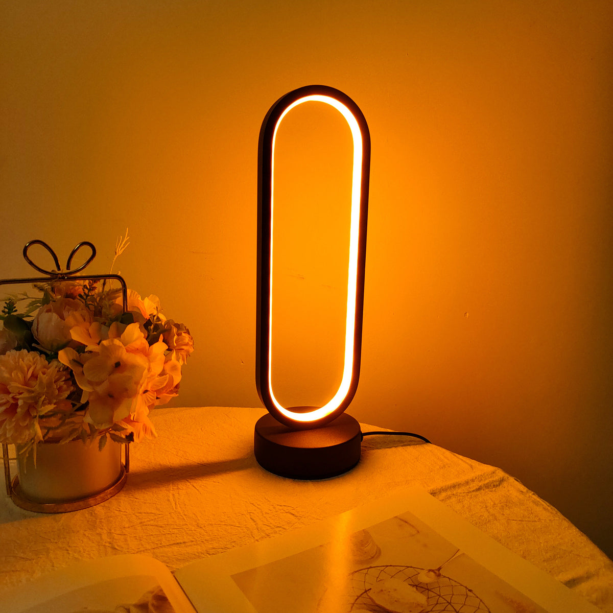1 lampe LED pour chambre à coucher, lampe annulaire pour salon, lampe de chevet à trois couleurs réglables, veilleuse LED