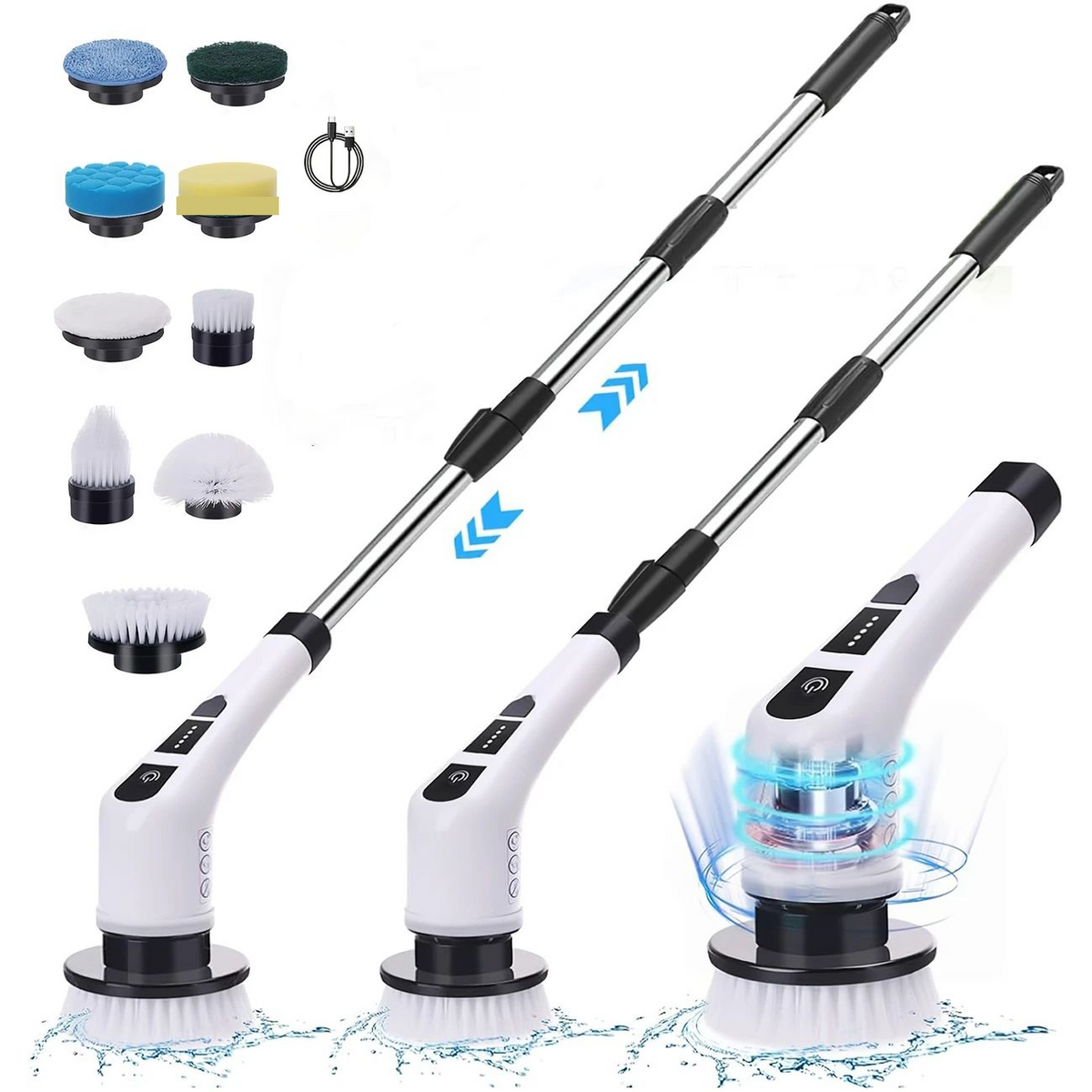 Brosse de nettoyage électrique : tête 9-en-1, outil multifonction rotatif et flexible pour salle de bain, sols, interstices et vitres de douche.