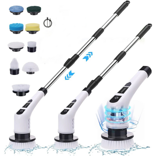 Brosse de nettoyage électrique : tête 9-en-1, outil multifonction rotatif et flexible pour salle de bain, sols, interstices et vitres de douche.